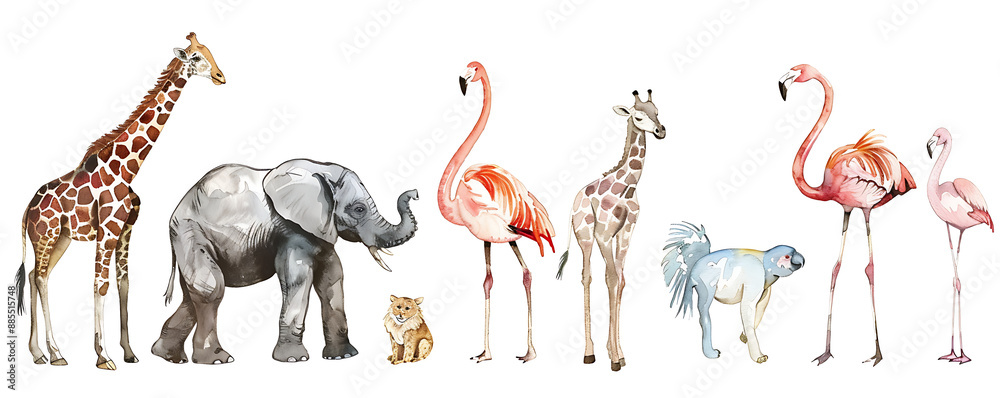 Naklejka premium African Watercolor illustration of Animals with elephant and monkey, cockatoo, parrot and giraffe, flamingo isolated white background.