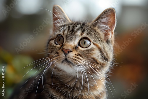 Close-Up Portrait of a Tabby Cat Looking Up