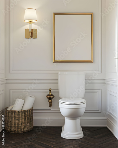 Empty vertical frame for wall art mock up. The modern bathroom features a sleek white porcelain toilet with gold accents, adding a touch of luxury to the space.