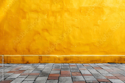 Fototapeta Naklejka Na Ścianę i Meble -  Empty wall background for mock up with copy space. A yellow wall with a thin white line separating it from a brick pavement.