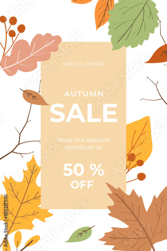 Autumn sale banner with discounts on a white background with colorful falling leaves and berries hand drawn in an abstract form and a beige frame with text. Flat doodle style. Vector illustration.