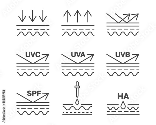 Leather linear vector graphic icon. Collagen, beauty, skin care, hydration. Sun and UV protection. SPF protection, sunblock, sunscreen