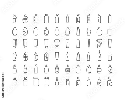 Collection vector icons of beauty, cosmetics and care. Bottle, jar, shower gel, face cream, body lotion, spray, ointment, paste.