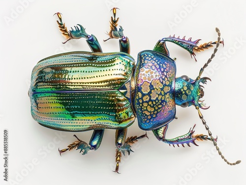 Iridescent Blue and Green Beetle on White Background