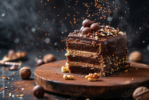 close up of one slice of cake with chocolate and nuts on dark background