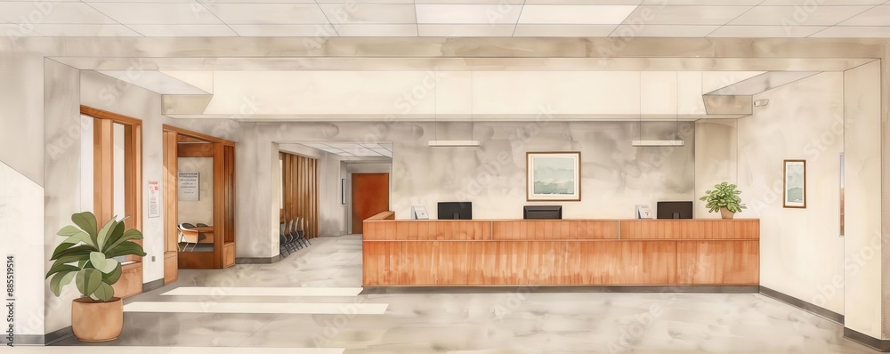 School office, friendly staff, students enrolling, Watercolor style School office, friendly staff, students enrolling, Watercolor style