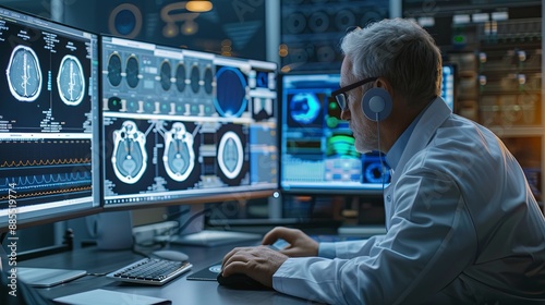 The person working on a computer with a background that includes abstract graphics of technology, in the style of medical care, selective focus, shaped canvas, commission for, uhd image, light silver 