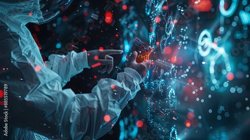 The person working on a computer with a background that includes abstract graphics of technology, in the style of medical care, selective focus, shaped canvas, commission for, uhd image, light silver 