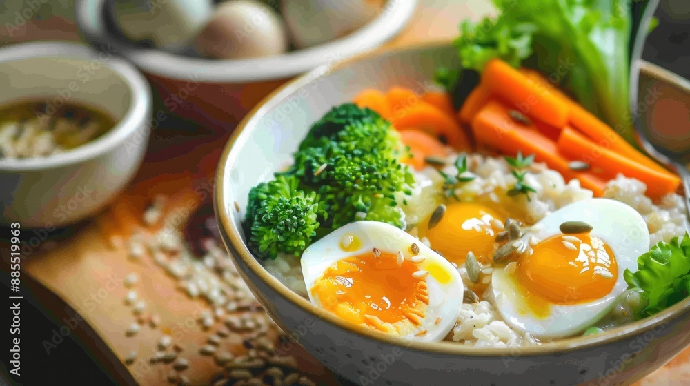 Clean Porridge: Image of porridge filled with boiled eggs, vegetables such as broccoli, carrots, and green salad, and served with clean soup. Clean Porridge: Image of porridge filled with boiled eggs, vegetables such as broccoli, carrots, and green salad, and served with clean soup.
