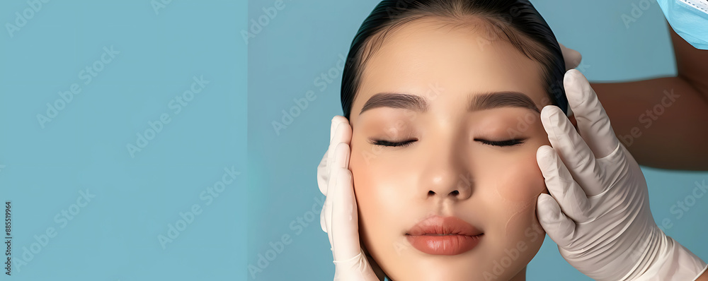 Woman hands touching beautiful young asian woman face, with closed eyes over smilling for skin care blue background. Woman hands touching beautiful young asian woman face, with closed eyes over smilling for skin care blue background.