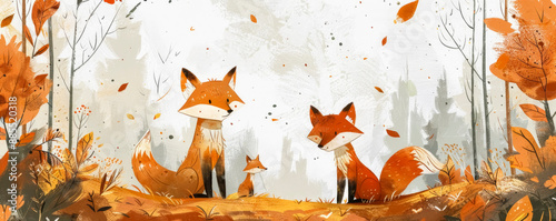 vector flat illustration A family of foxes against the background of an autumn forest sits on the lawn photo