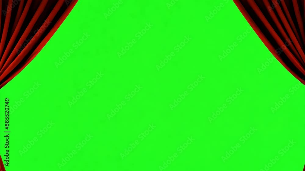 Red curtains on green screen background opening animation. Velvet theater show transition intro. Isolated with chroma key.