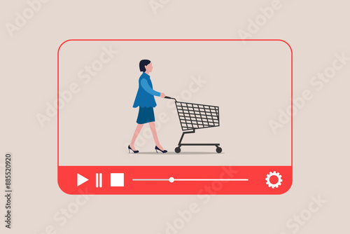 Online shopping or mobile shopping app concept, Business woman pushing shopping cart trolley running from website or app on mobile smartphone. concept of Online shopping or mobile shopping app. 2