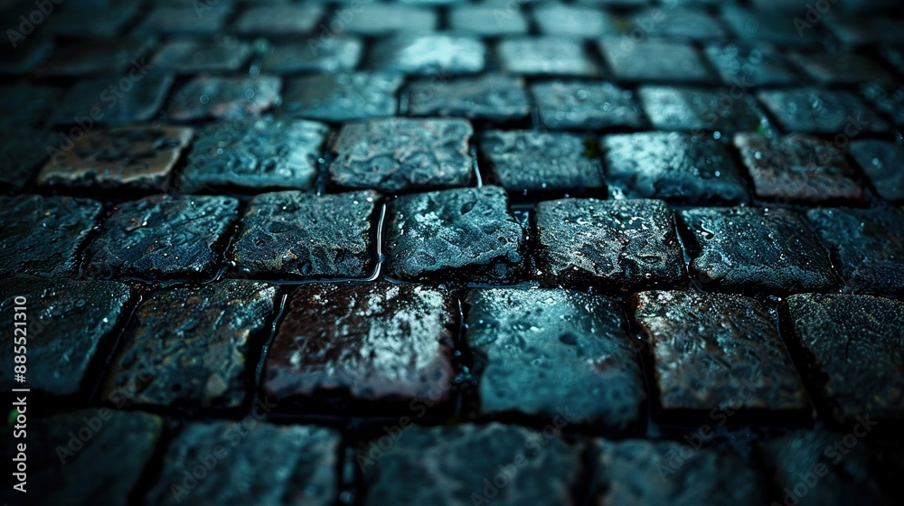 A close-up of a cobblestone street with water droplets on the cobblestones and grass growing on the ground A close-up of a cobblestone street with water droplets on the cobblestones and grass growing on the ground