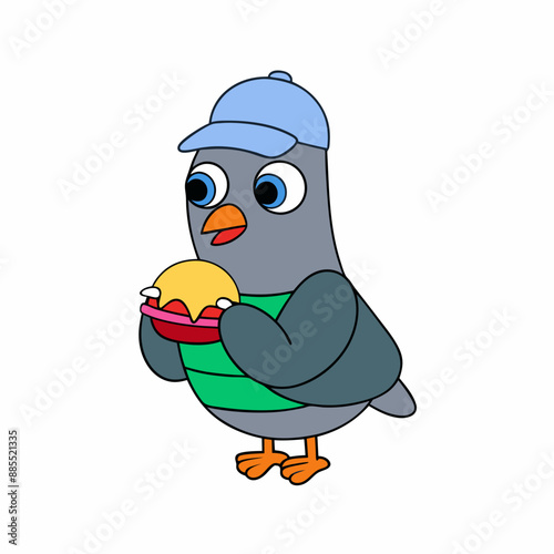 Pigeon Wearing Cap Eating Burger Vector Illustration.