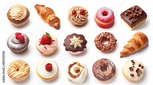 Various of sweets and desserts set and collection. chocolate cake, cupcakes, red velvet cake, apple pie, macarons, pretzel, donut, pastries, muffin, cookies, croissant. Bakery sweets isolated on white