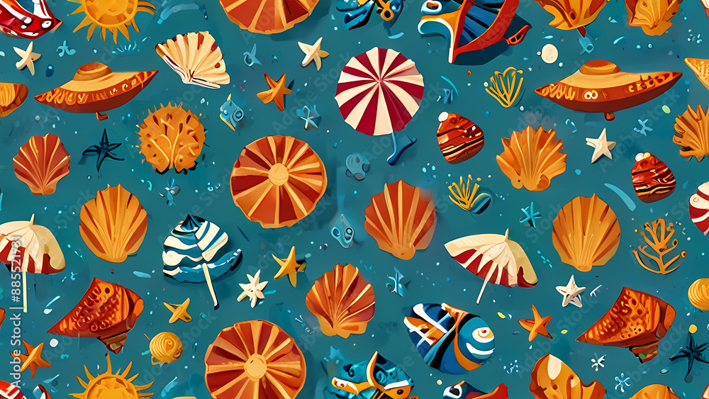 Summer pattern illustration that captures the essence of a sunny beach day. Include elements like seashells, starfish, beach umbrellas, flip-flops, and waves Summer pattern illustration that captures the essence of a sunny beach day. Include elements like seashells, starfish, beach umbrellas, flip-flops, and waves