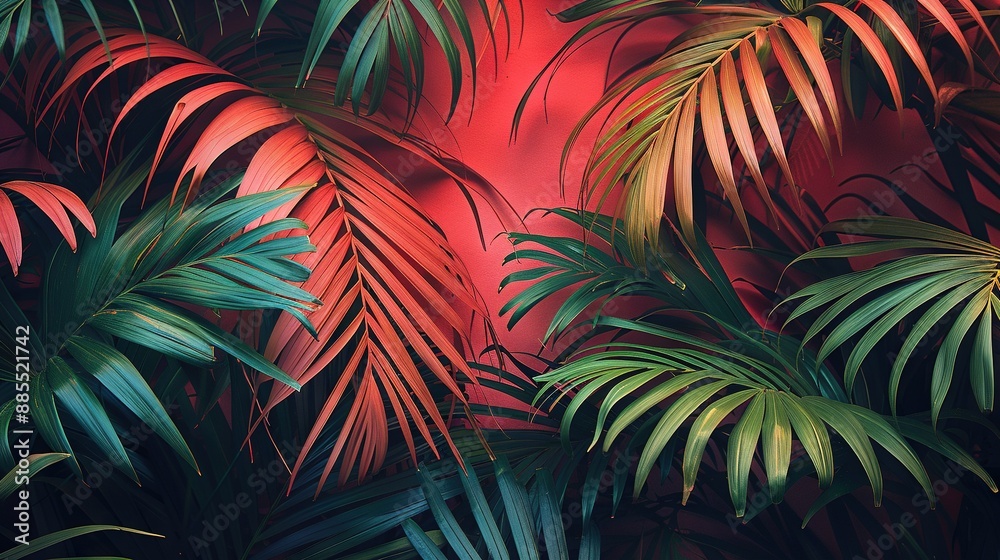 Palm trees against a red wall in a room with a green plant in the foreground Palm trees against a red wall in a room with a green plant in the foreground