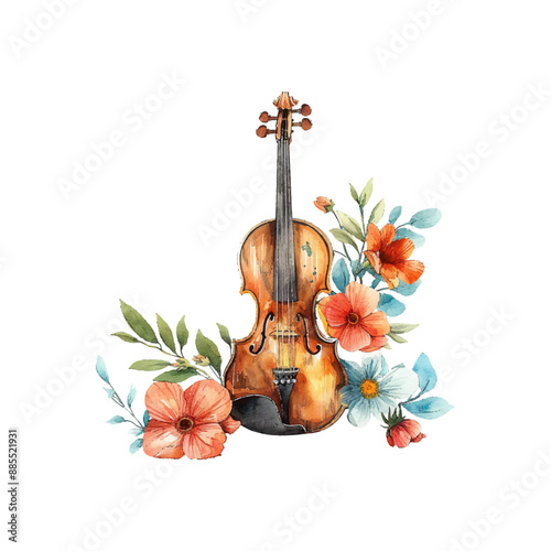 violin and flowers vector illustration in watercolor style