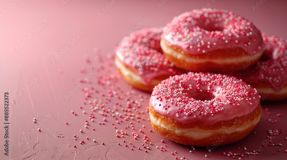 Three pink-glazed donuts on a pink background, covered in pink frosting and topped with sprinkles Three pink-glazed donuts on a pink background, covered in pink frosting and topped with sprinkles