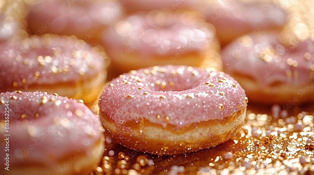 A close-up image of a variety of doughnuts with pink frosting and sprinkles arranged on a table A close-up image of a variety of doughnuts with pink frosting and sprinkles arranged on a table