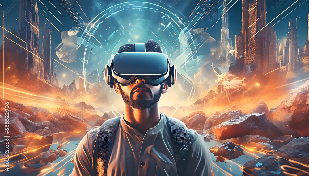 Man Wearing Virtual Reality Headset in Futuristic City Man Wearing Virtual Reality Headset in Futuristic City