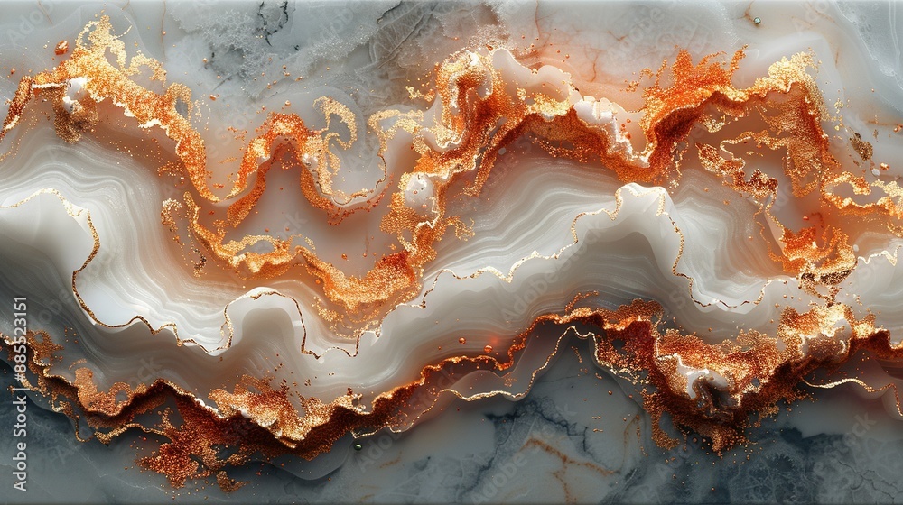 Close-up image showing orange and white swirls along the edges of a marbled surface Close-up image showing orange and white swirls along the edges of a marbled surface