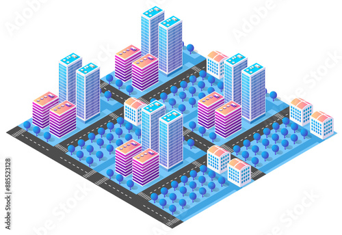 Modern isometric city with colorful buildings showing urban life