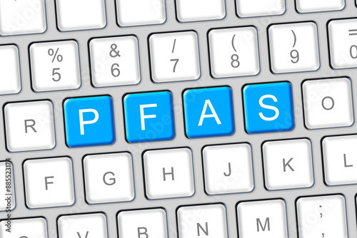 PFAS text concept written on computer keyboard - Dangerous Perfluoroalkyl and Polyfluoroalkyl substances also known as the Forever Chemicals used due to their enhanced water-resistant properties photo