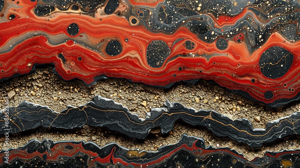 A detailed view of an artwork adorned in red, black, and white paint A detailed view of an artwork adorned in red, black, and white paint