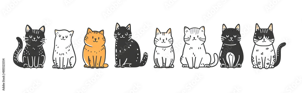 Obraz premium Cute Cats Set, Pet Animal Symbols, Hand Drawn Cat Icons Silhouettes, Funny Kitten Character Drawings