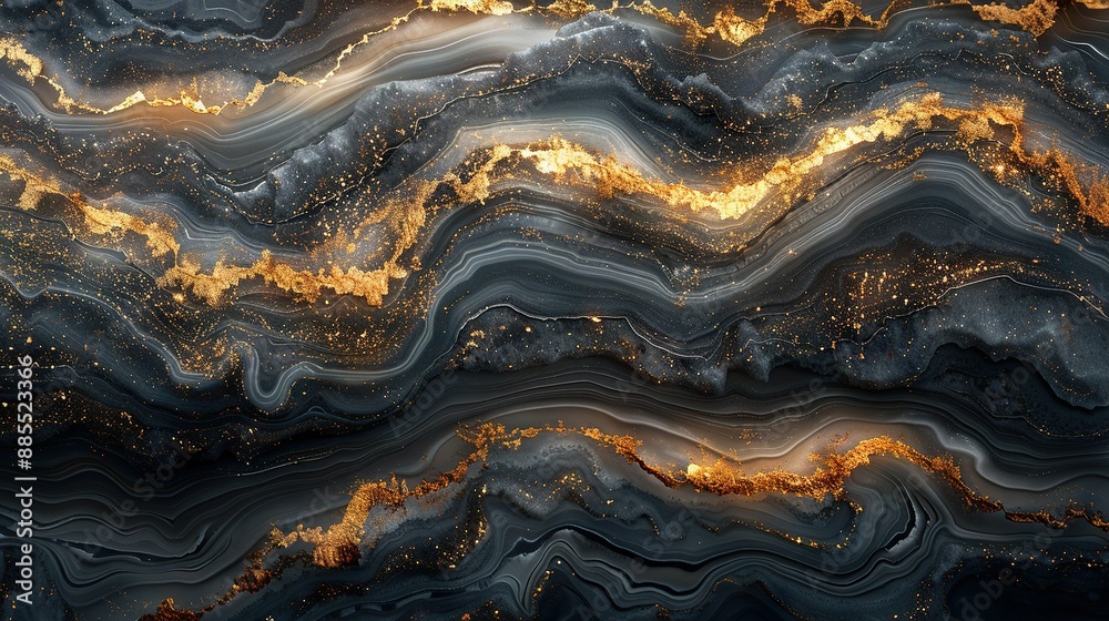 An abstract painting features swirling patterns of gold and black against a black and white backdrop, with a central gold swirl An abstract painting features swirling patterns of gold and black against a black and white backdrop, with a central gold swirl