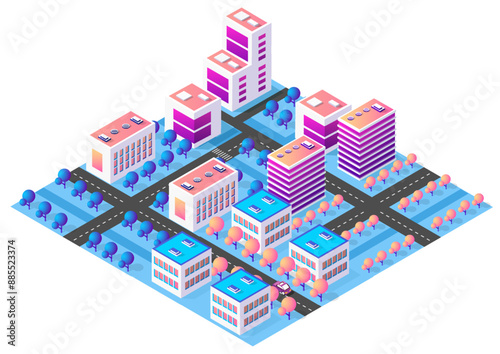 Modern isometric smart city with skyscrapers, roads, cars and trees