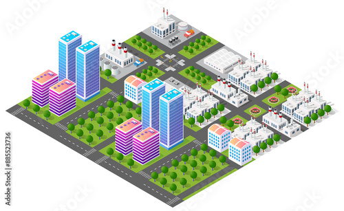 Modern isometric city with factories and skyscrapers surrounded by green trees