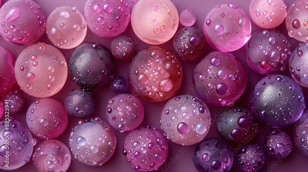 Pink and purple balls dotted with water droplets on a pink background, against a backdrop of purple Pink and purple balls dotted with water droplets on a pink background, against a backdrop of purple