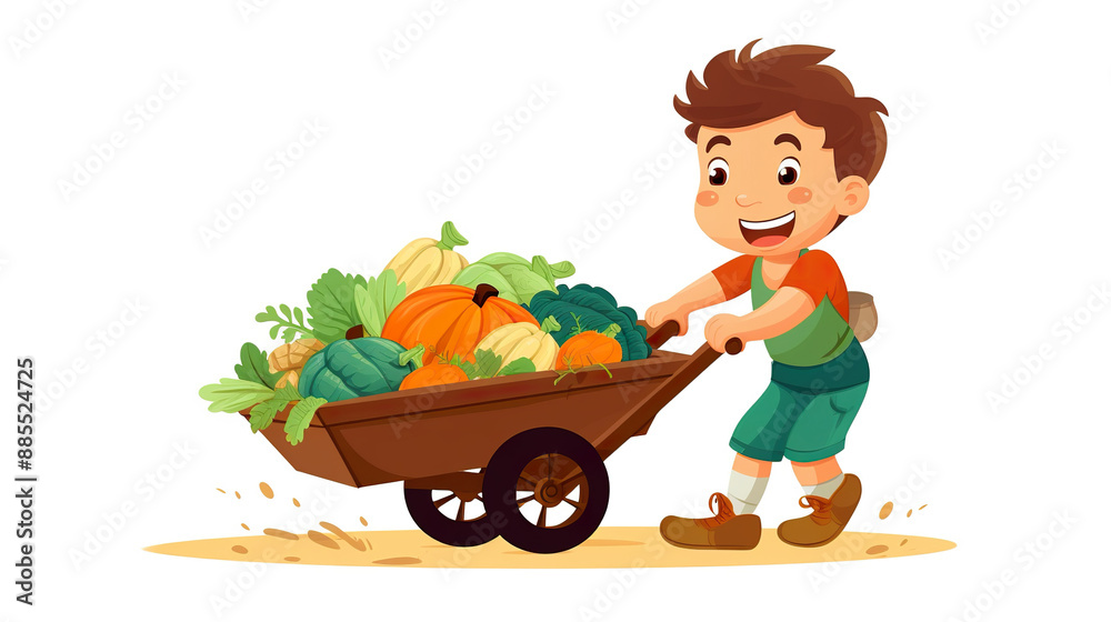 Against a stark white background, a boy pushing a cart full with veggies Against a stark white background, a boy pushing a cart full with veggies