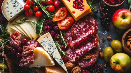 A board of artisan cheeses and charcuterie adorned with fruits and nuts © Nijat