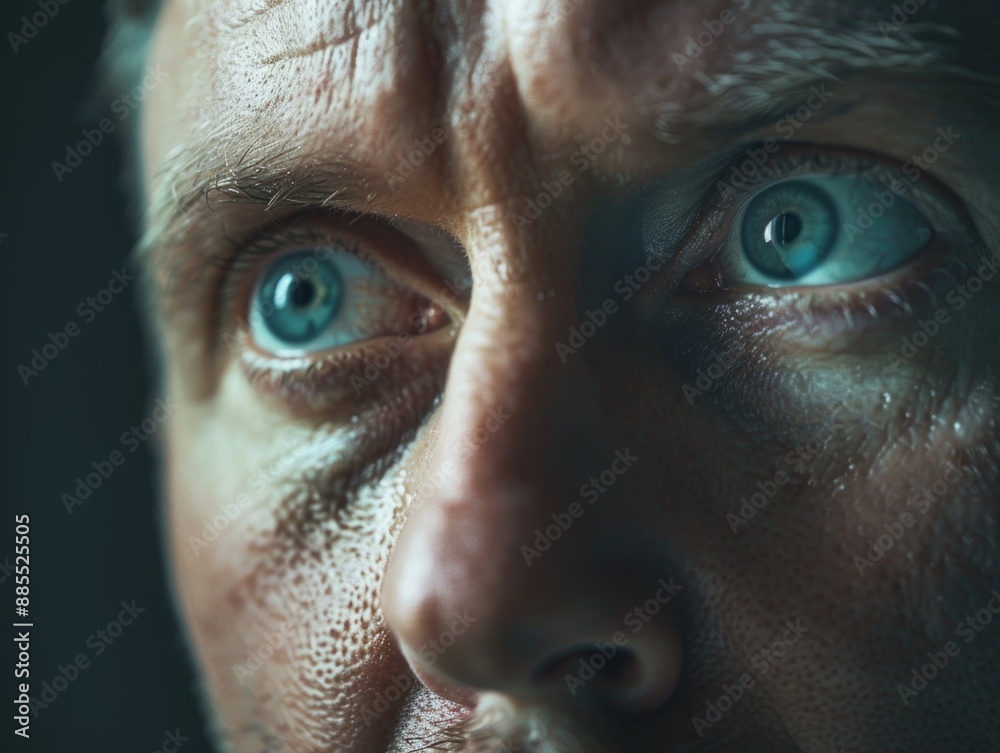 A detailed view of a person's face, focusing on their striking blue eyes A detailed view of a person's face, focusing on their striking blue eyes