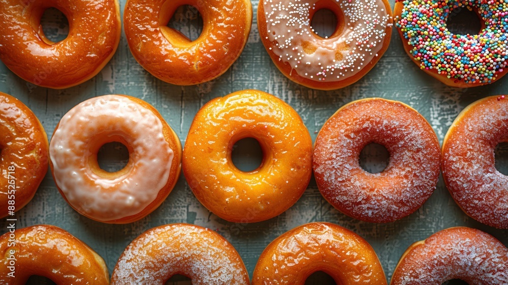 Doughnuts line up in row with sprinkles Doughnuts line up in row with sprinkles