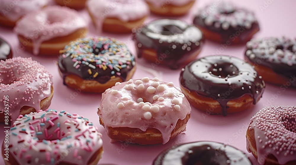 A pink box brimming with donuts coated in frosting and sprinkled on top A pink box brimming with donuts coated in frosting and sprinkled on top