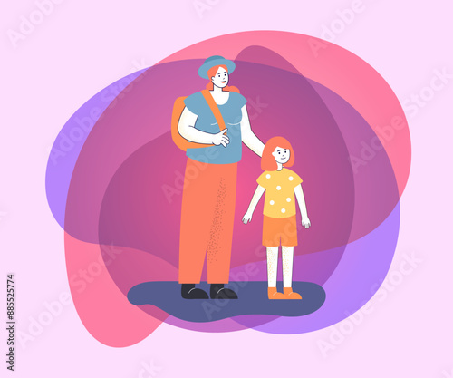 Mother with backpack and daughter going to visit grandparents. Welcome home, happy grandchild flat vector illustration. Family, love concept