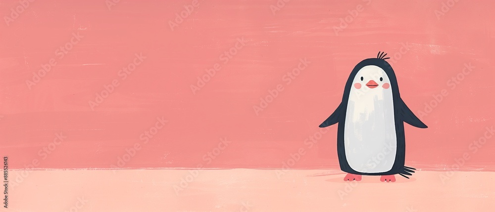 Obraz premium Cute Cartoon Penguin Illustration on Soft Pink Background, Adorable Winter Animal Art for Kids, Fun and Whimsical Design, Hand-Drawn Style for Children's Decorations or Holiday Cards