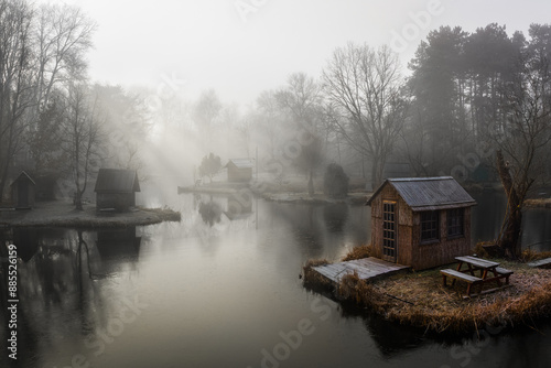 Szodliget, Hungary - Aerial view of a dreamy winter scene at Szodliget fishing lake with fishing huts and heavy fog on a cold winter morning