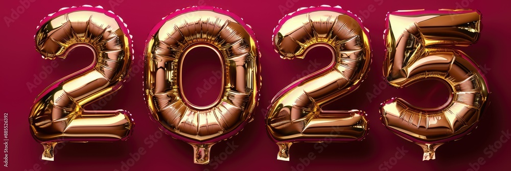 Gold balloons forming the number two thousand twentyfive on a red background Gold balloons forming the number two thousand twentyfive on a red background