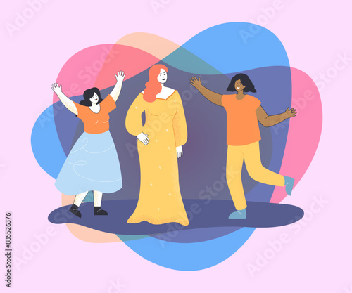 Young fans greeting female celebrity on ceremony or fashion show. Girls with raised hands and  famous star in long dress vector illustration. Event, fame, success concept for banner or landing page