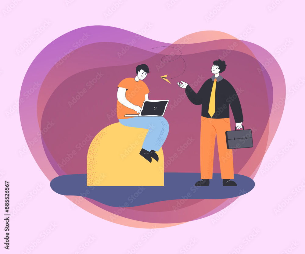 Business leader with briefcase giving instructions to employee working on laptop. Boss and worker flat vector illustration. Leadership, work concept for banner or landing page Business leader with briefcase giving instructions to employee working on laptop. Boss and worker flat vector illustration. Leadership, work concept for banner or landing page