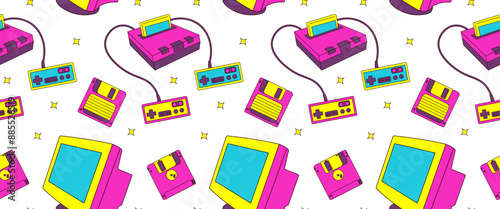 Seamless pattern with 90s retro elements, game objects