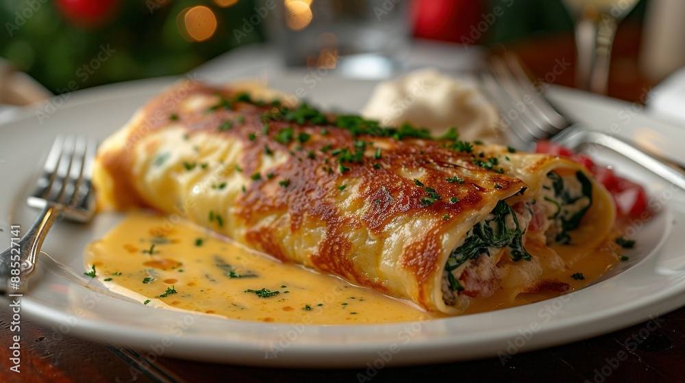 A white plate topped with an enchilada covered in cheese and garnished with green garnish A white plate topped with an enchilada covered in cheese and garnished with green garnish