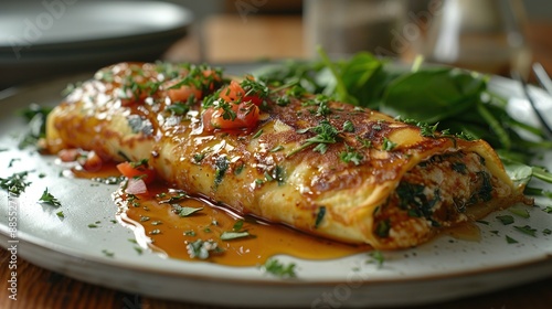  White plate topped with meat smothered in sauce, served with vegetables and garnishes