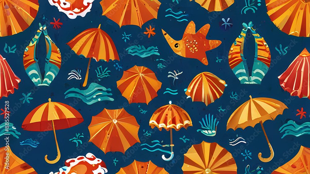 Summer pattern illustration that captures the essence of a sunny beach day. Include elements like seashells, starfish, beach umbrellas, flip-flops, and waves Summer pattern illustration that captures the essence of a sunny beach day. Include elements like seashells, starfish, beach umbrellas, flip-flops, and waves